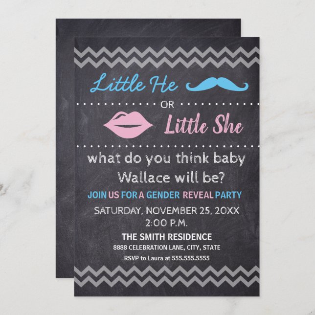 Little He Little She Lips Moustache Gender reveal Invitation (Front/Back)