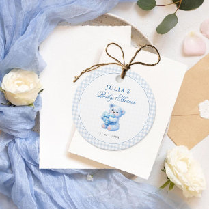 Little Heart Blue Gingham Teddy Bear Baby Shower Favour Tags