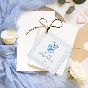 Little Heart Blue Gingham Teddy Bear Baby Shower Favour Tags
