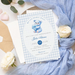 Little Heart Blue Gingham Teddy Bear Baby Shower Invitation