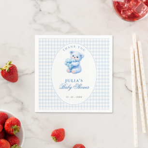 Little Heart Blue Gingham Teddy Bear Baby Shower Napkin