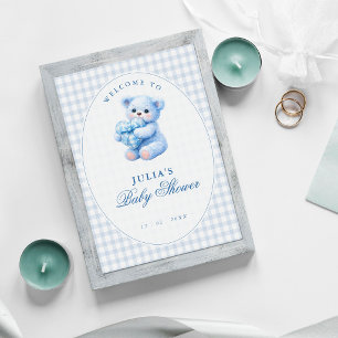 Little Heart Blue Gingham Teddy Bear Baby Shower Poster