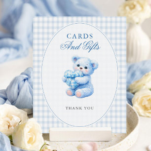 Little Heart Blue Gingham Teddy Bear Baby Shower Poster
