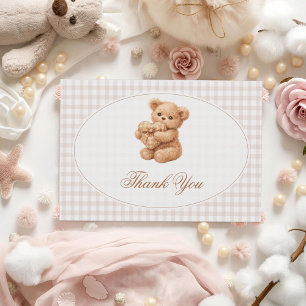 Little Heart Brown Gingham Teddy Bear Baby Shower Invitation