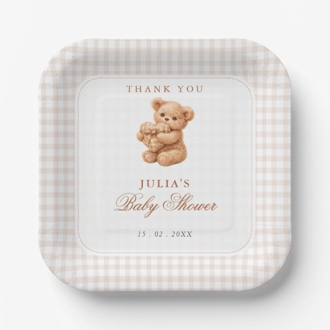 Little Heart Brown Gingham Teddy Bear Baby Shower Paper Plate (Front)