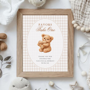 Little Heart Brown Gingham Teddy Bear Baby Shower Poster