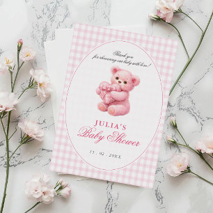 Little Heart Pink Gingham Teddy Bear Baby Shower Invitation
