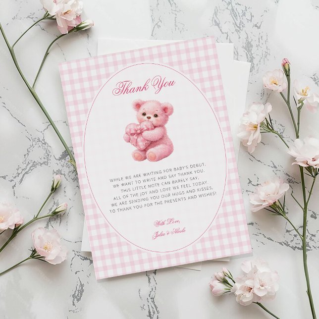 Little Heart Pink Gingham Teddy Bear Baby Shower Invitation (Creator Uploaded)