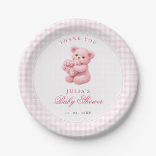 Little Heart Pink Gingham Teddy Bear Baby Shower Paper Plate
