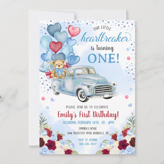 Little Heartbreaker Blue Truck Bear Birthday Invitation (Front)