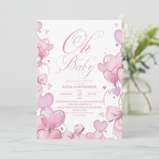 Little Hearts Girl Baby Shower Invitation (Standing Front)