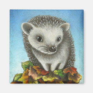 Little hedgehog on a big pile of leaves magnet