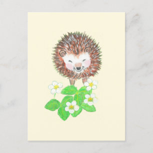 Little Hedgehog & Wild Strawberry Flowers  Postcard