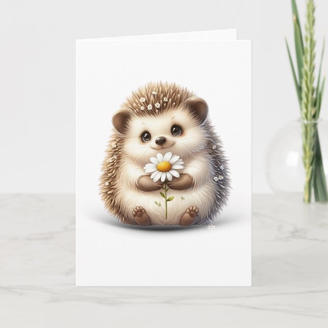 Little Hedgehog with Daisy Blank Nature Greeting Card (Front)
