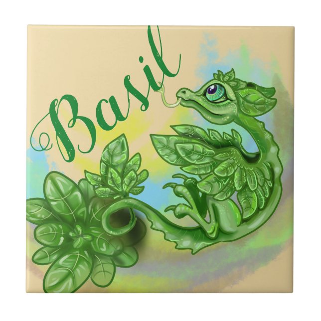 Little Herb Garden Dragon~Basil Ceramic Tile (Front)