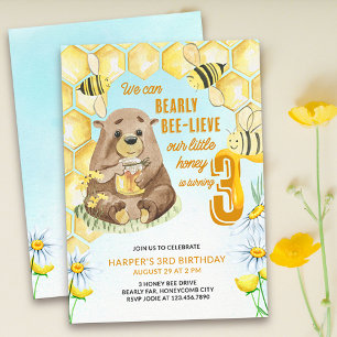 Little Honey Bearly Bee-lieve 3rd Birthday Bee Invitation