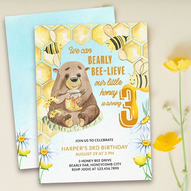 Little Honey Bearly Bee-lieve 3rd Birthday Bee Invitation (Bet you can bearly bee-lieve your little honey is three already! Super cute bee & bear theme invite)