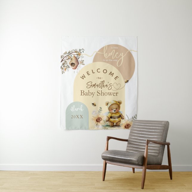 Little honey Bee Bear Baby Shower welcome Tapestry (In Situ)