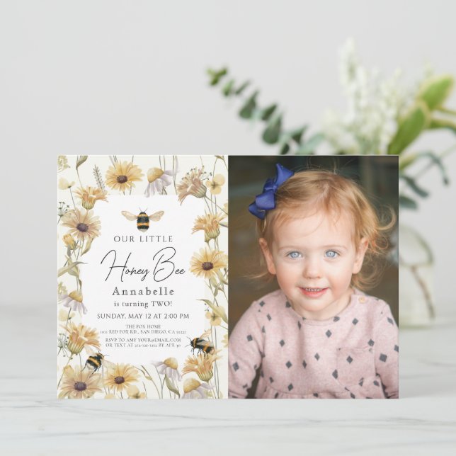 Little Honey Bee Chamomile Birthday Photo Invitation (Standing Front)