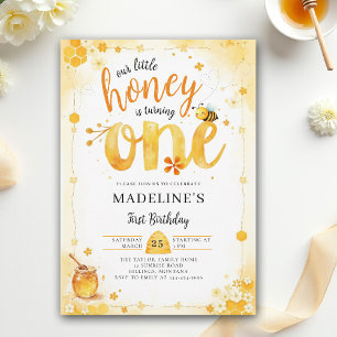 Little Honey Bee One Watercolor Cute 1st Birthday Invitation