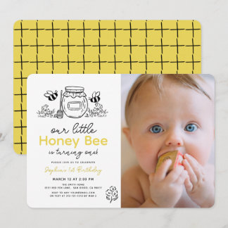 Little Honey Bee Photo Hand-drawn 1st Birthday Invitation