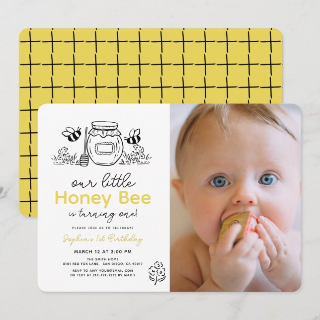 Little Honey Bee Photo Hand-drawn 1st Birthday Invitation (Front/Back)