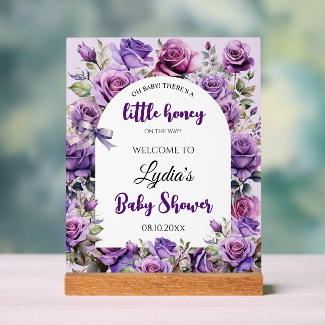 Little Honey Purple Roses Baby Shower Welcome Acrylic Sign (Neutral)