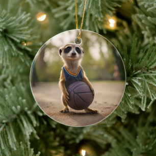 Little Hoop Star: Baby Meerkat Holding Basketball Ceramic Ornament