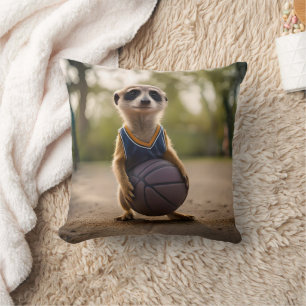 Little Hoop Star: Baby Meerkat Holding Basketball Cushion