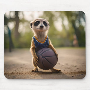 Little Hoop Star: Baby Meerkat Holding Basketball Mouse Pad