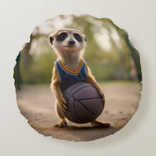 Little Hoop Star: Baby Meerkat Holding Basketball Round Cushion
