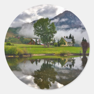 Little House in Mist on Lake Classic Round Sticker