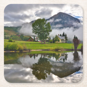Little House in Mist on Lake Square Paper Coaster