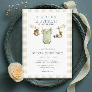 Little Hunter Clothesline Gingham Boy Baby Shower Invitation