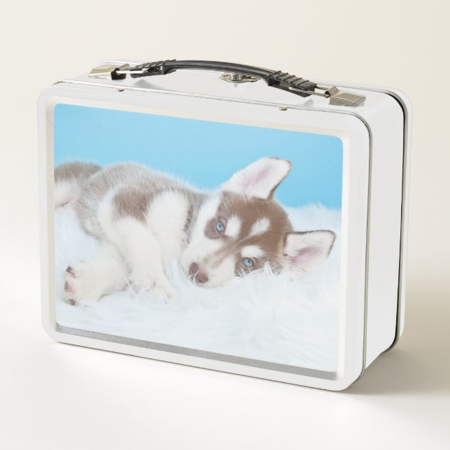 Little Husky Puppy Laying on a Blanket Metal Lunch Box (Back)