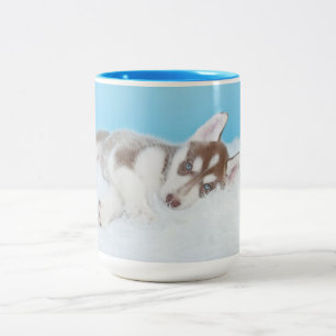 Little Husky Puppy Laying on a Blanket Two-Tone Coffee Mug