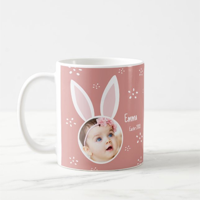 Little Kid Photo w/ Bunny Ears + Name Easter Pink Coffee Mug (Left)