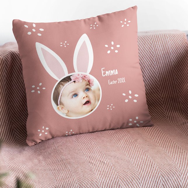 Little Kid Photo w/ Bunny Ears + Name Easter Rose Cushion (Creator Uploaded)