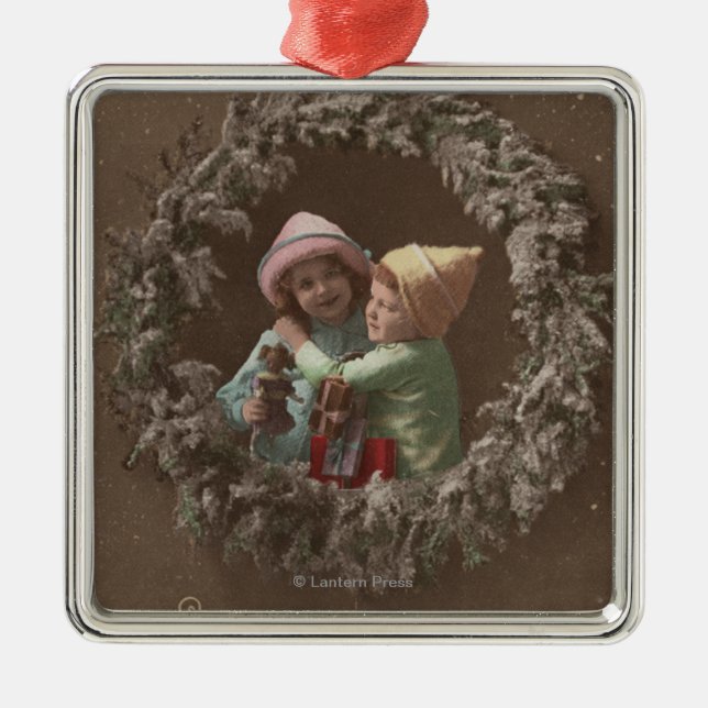 Little Kids Embracing Metal Ornament (Front)