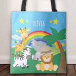 Little Kids Safari Jungle Animals and First Name Tote Bag<br><div class="desc">Add a cute colorful jungle theme to the accessory bags of your little boy or girl with this adorable custom safari tote bag. Bag has a zebra, giraffe, elephant, and lion, all near a palm tree, a rainbow, and bright sunny stars. The name of your little kid completes the look....</div>