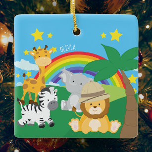 Little Kids Safari Jungle Animals Name Christmas Ceramic Ornament