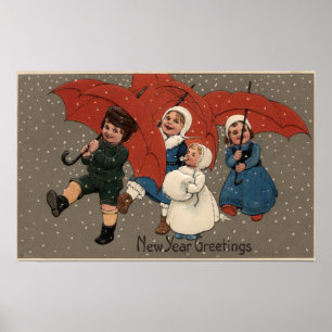 Little Kids with Umbrellas Poster