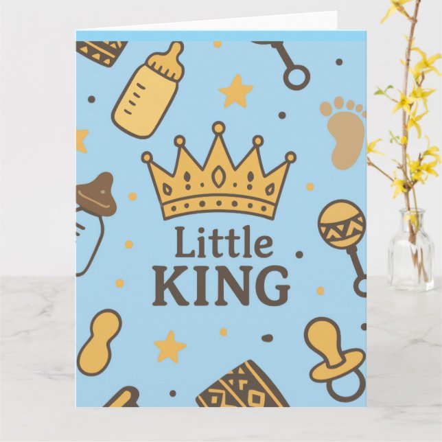 “Little King Baby Shower Banner – Blue & Gold Crow Card (Yellow Flower)
