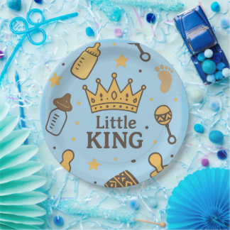 “Little King Baby Shower Banner – Blue & Gold Crow Paper Plate