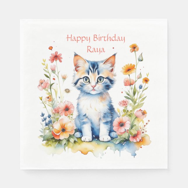Little Kitten Girl's Birthday Party Personalised Napkin (Front)