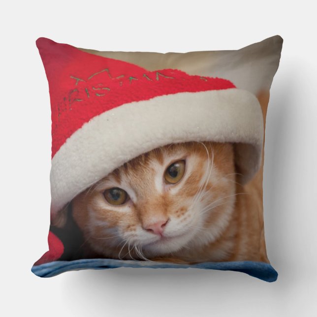 Little Kitten in Red Christmas Hat Cushion (Front)