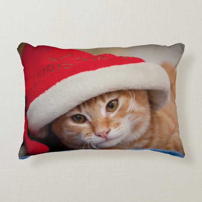 Little Kitten in Red Christmas Hat Decorative Cushion (Front)