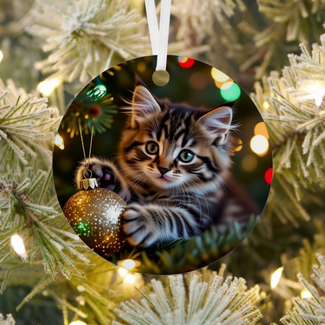 Little Kitten on Christmas Tree Personalized Metal Tree Decoration (Insitu)