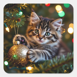 Little Kitten on Christmas Tree   Square Sticker