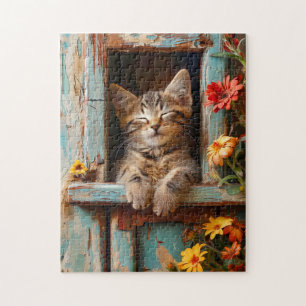 Little Kitten Sleeping in Garden Shed with Bloomin Jigsaw Puzzle